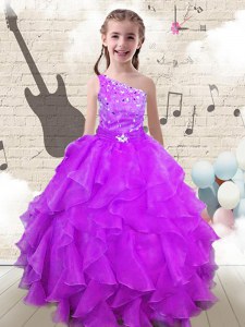 Enchanting Fuchsia Lace Up One Shoulder Beading and Ruffles Pageant Dress for Girls Organza Sleeveless