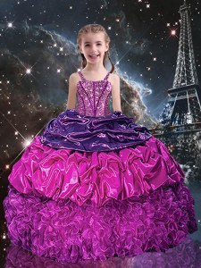Purple Organza Lace Up Pageant Dress for Teens Sleeveless Floor Length Beading and Ruffles and Pick Ups