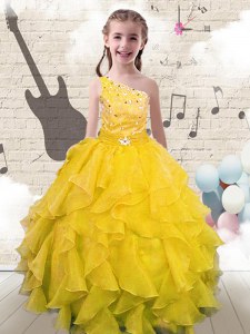 One Shoulder Floor Length Lace Up Little Girls Pageant Gowns Yellow for Party and Wedding Party with Beading and Ruffles