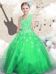 Sleeveless Floor Length Beading and Appliques and Hand Made Flower Lace Up Glitz Pageant Dress with Green