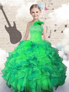 Green Organza Lace Up One Shoulder Sleeveless Floor Length Little Girl Pageant Gowns Beading and Ruffles