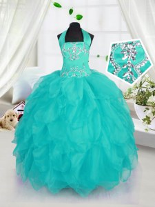 Halter Top Aqua Blue Ball Gowns Beading Little Girls Pageant Gowns Lace Up Organza Sleeveless Floor Length