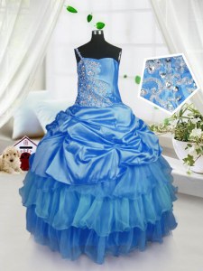 Floor Length Lace Up Little Girls Pageant Dress Wholesale Baby Blue for Military Ball and Sweet 16 and Quinceanera with Beading and Ruffled Layers and Pick Ups
