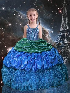 Blue Custom Made Pageant Dress Party and Wedding Party and For with Beading and Ruffles and Pick Ups Spaghetti Straps Sleeveless Lace Up