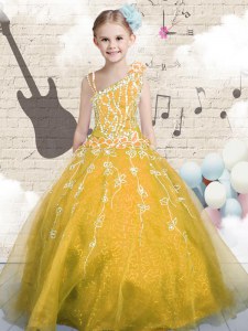 High Quality Orange Sleeveless Floor Length Appliques Lace Up Kids Formal Wear