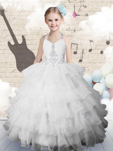 Ruffled Halter Top Sleeveless Lace Up Little Girls Pageant Dress White Organza