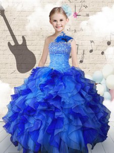 Hot Sale Floor Length Navy Blue Kids Pageant Dress Strapless Sleeveless Lace Up
