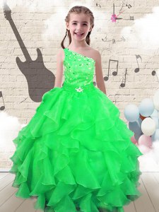Customized One Shoulder Apple Green Sleeveless Beading and Ruffles Floor Length Custom Made Pageant Dress