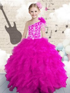 Hot Pink One Shoulder Neckline Embroidery and Ruffles and Hand Made Flower Winning Pageant Gowns Sleeveless Lace Up