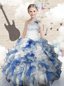 New Arrival One Shoulder Sleeveless Lace Up Kids Formal Wear Blue And White Organza