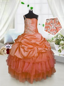 Orange One Shoulder Neckline Beading and Ruffled Layers and Pick Ups Winning Pageant Gowns Sleeveless Lace Up