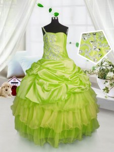 Unique Yellow Green Ball Gowns One Shoulder Sleeveless Satin and Tulle Floor Length Lace Up Beading and Ruffled Layers and Pick Ups Custom Made Pageant Dress