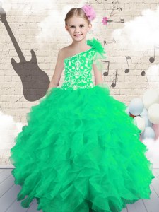 Simple One Shoulder Sleeveless Floor Length Embroidery and Ruffles Lace Up Little Girl Pageant Dress