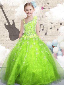 Floor Length Apple Green Pageant Dress for Teens Organza Sleeveless Beading and Appliques and Hand Made Flower