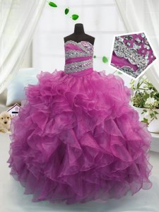 Fuchsia Lace Up Sweetheart Beading and Ruffles Little Girls Pageant Dress Wholesale Organza Sleeveless