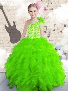 Ball Gowns Child Pageant Dress One Shoulder Organza Sleeveless Floor Length Lace Up