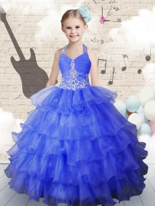 Elegant Halter Top Beading and Ruffled Layers Pageant Dress for Womens Royal Blue Lace Up Sleeveless Floor Length
