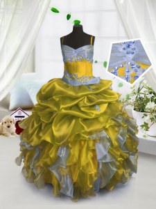 Custom Designed Gold Organza Lace Up Spaghetti Straps Sleeveless Floor Length Kids Formal Wear Beading and Ruffles and Pick Ups