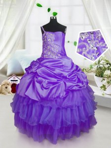Fashionable Floor Length Lace Up Girls Pageant Dresses Purple for Military Ball and Sweet 16 and Quinceanera with Beading and Ruffled Layers and Pick Ups