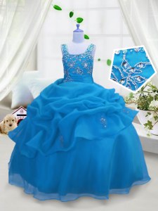 Sleeveless Organza Floor Length Lace Up Kids Pageant Dress in Aqua Blue with Beading and Pick Ups