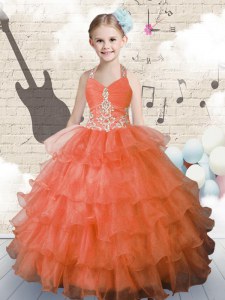 High Class Ruffled Ball Gowns Kids Pageant Dress Orange Halter Top Organza Sleeveless Floor Length Lace Up