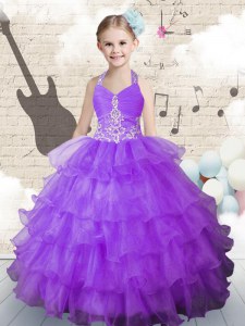 Halter Top Lavender Lace Up Little Girl Pageant Dress Beading and Ruffled Layers Sleeveless Floor Length