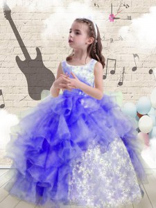 Custom Made Scoop Floor Length Ball Gowns Sleeveless Blue Little Girl Pageant Gowns Lace Up