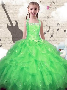Halter Top Sleeveless Lace Up Kids Pageant Dress Green Organza