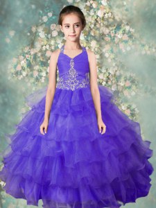 Top Selling Halter Top Organza Sleeveless Floor Length Girls Pageant Dresses and Beading and Ruffled Layers