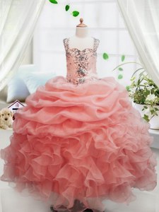 Great Peach Square Neckline Beading and Ruffles and Pick Ups Kids Formal Wear Sleeveless Zipper