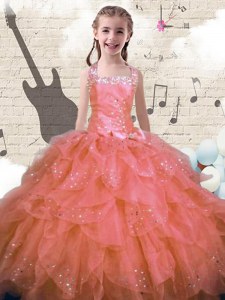 Graceful Ball Gowns Pageant Dress for Teens Pink Halter Top Organza Sleeveless Floor Length Lace Up