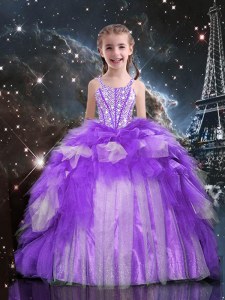 Purple Spaghetti Straps Lace Up Beading and Ruffles Little Girl Pageant Gowns Sleeveless