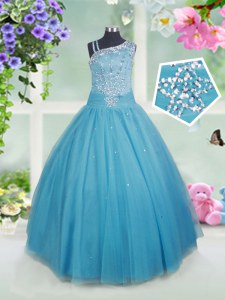 Sleeveless Floor Length Beading Side Zipper Kids Pageant Dress with Teal