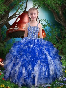 Royal Blue Little Girls Pageant Dress Party and Wedding Party and For with Beading and Ruffles Spaghetti Straps Sleeveless Lace Up