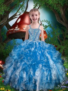 Great Blue Little Girl Pageant Dress Party and Wedding Party and For with Beading and Ruffles Spaghetti Straps Sleeveless Lace Up