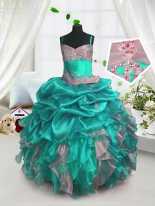 Sleeveless Floor Length Beading and Ruffles and Pick Ups Lace Up Little Girls Pageant Gowns with Turquoise