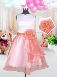 Modest Baby Pink Ball Gowns Organza Scoop Sleeveless Hand Made Flower Knee Length Zipper Flower Girl Dresses