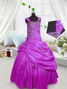 Floor Length Lace Up Glitz Pageant Dress Fuchsia for Party and Wedding Party with Beading and Pick Ups