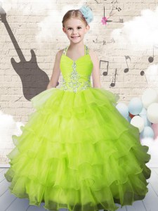 New Style Sleeveless Lace Up Floor Length Beading and Ruffled Layers Kids Formal Wear