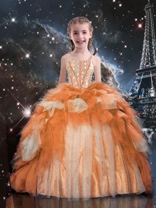 Gold Ball Gowns Beading and Ruffled Layers Kids Pageant Dress Lace Up Tulle Sleeveless Floor Length