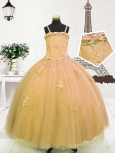 Amazing Light Yellow and Gold Zipper Little Girls Pageant Dress Beading and Appliques Sleeveless Floor Length