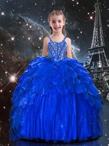 Floor Length Royal Blue Little Girls Pageant Gowns Organza Sleeveless Beading and Ruffles