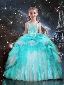 Aqua Blue Pageant Dress Party and Wedding Party and For with Beading and Ruffles Spaghetti Straps Sleeveless Lace Up