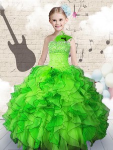 Sleeveless Organza Floor Length Lace Up Pageant Dress for Girls in with Beading and Ruffles