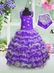 Superior Floor Length Lace Up Child Pageant Dress Lavender for Party and Wedding Party with Beading and Appliques and Ruffled Layers