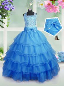 Stylish Floor Length Zipper High School Pageant Dress Baby Blue for Party and Wedding Party with Beading and Ruffled Layers