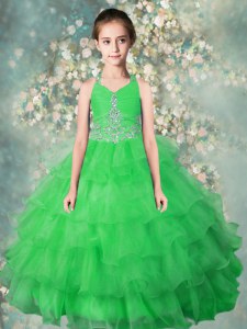 Halter Top Sleeveless Pageant Dress Wholesale Floor Length Beading and Ruffled Layers Green Organza