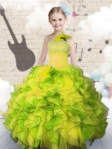 Yellow Green Lace Up Girls Pageant Dresses Beading and Ruffles Sleeveless Floor Length
