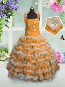 Orange Ball Gowns Beading and Appliques and Ruffled Layers Custom Made Pageant Dress Lace Up Organza Sleeveless Floor Length