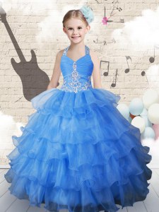 Discount Halter Top Sleeveless Pageant Dress for Girls Floor Length Beading and Ruffled Layers Light Blue Organza